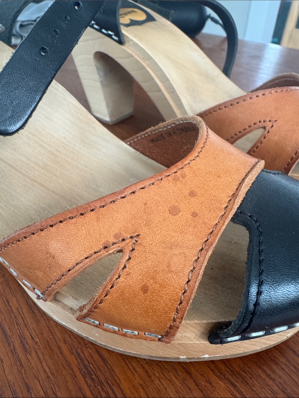 Swedish Hasbeens Tan and Black Leather Platform Sandals - Picture 8 of 12